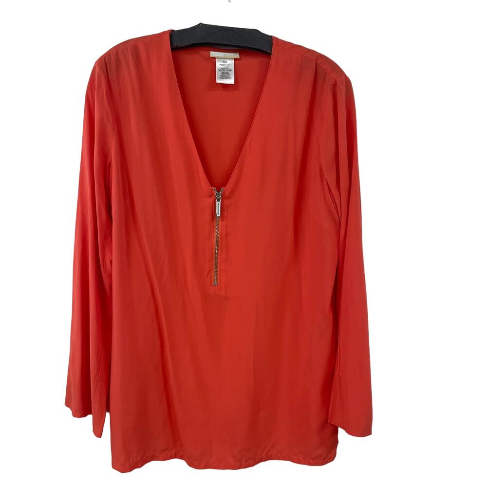 Michael Michael Kors Zipper Front V Neck Long Sleeve Top Orange Womens XS